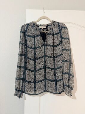 LOFT Teal and Cream Floral Grid Top